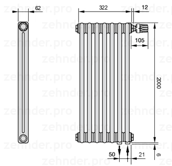 Схема (чертеж) Радиатор Zehnder Charleston 2200/7 №V002 Белый глянцевый RAL 9016